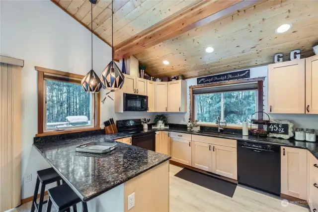 This well-appointed kitchen features granite countertops, a sleek black appliance package, and pendant lighting, combining elegance with everyday convenience