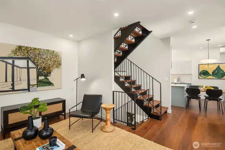 Stunning floating-steel  staircase is the center of attention!
