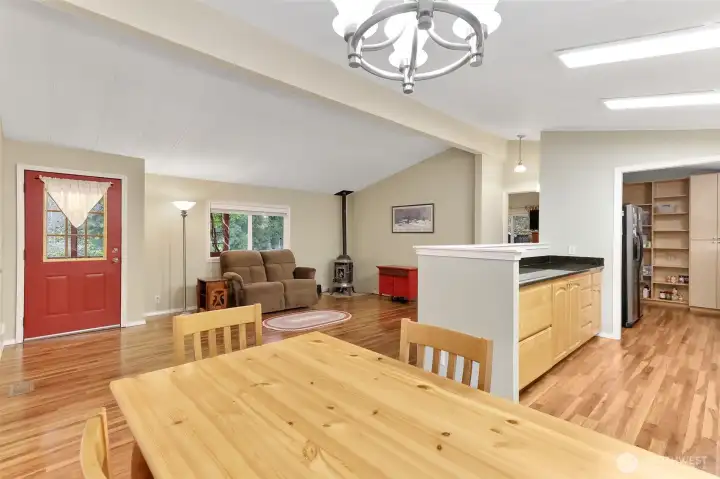 View from dining area of great room and partial kitchen.