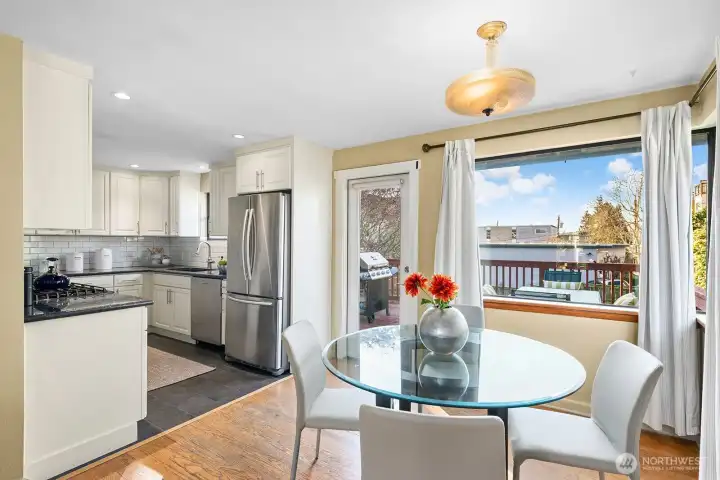 Good sightlines from the kitchen to the dining room and living rooms.