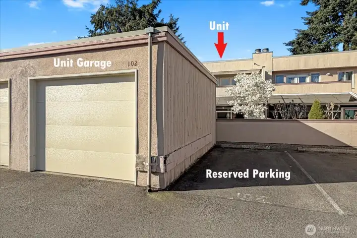 One car garage and one assigned parking space beside it.