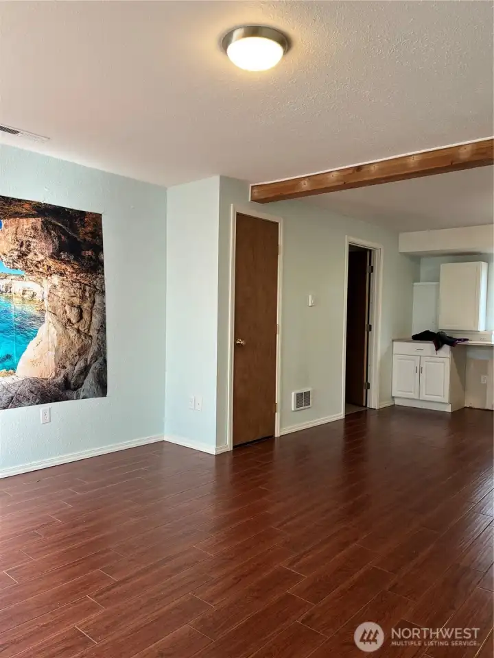 Looking towards the kitchenette. First door is closet, second is the bathroom/laundry room
