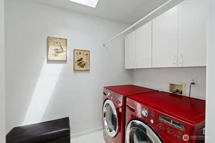 Yes, the washer and dryer stay in the laundry room, leading to the garage.