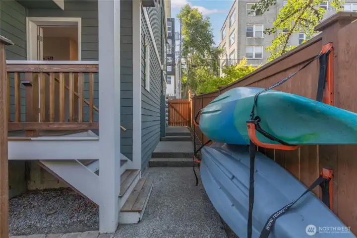 Private entry, and outdoor kayak racks