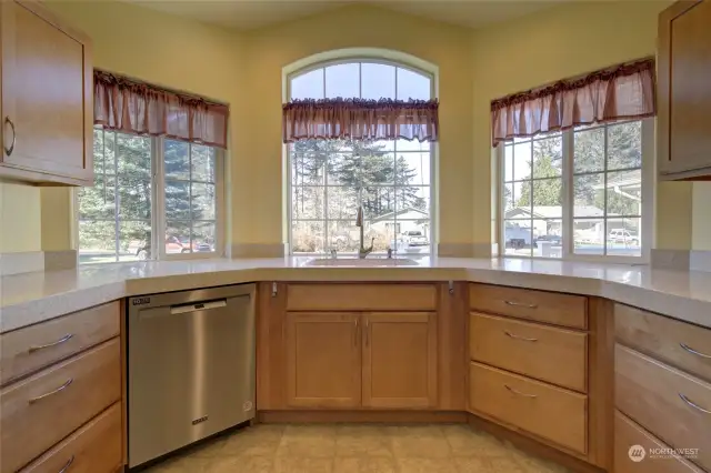 Corian countertops and more big windows...you won't feel isolated in this kitchen!
