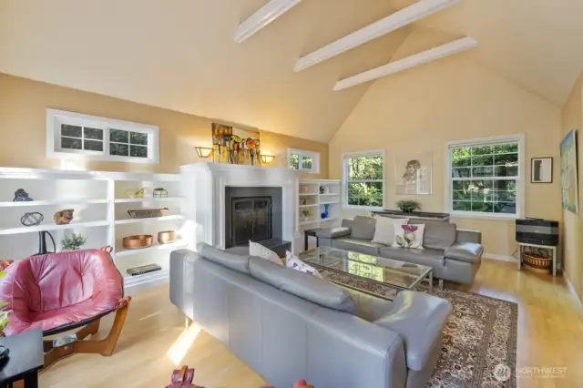 Light-filled living room with architectural character and warmth