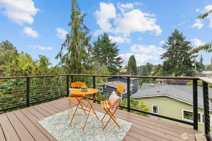 stylish south facing deck off the kitchen