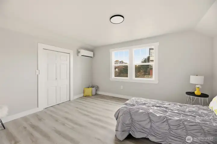 The first bedroom upstairs has its own mini split heat pump that provides heat and air conditioning.