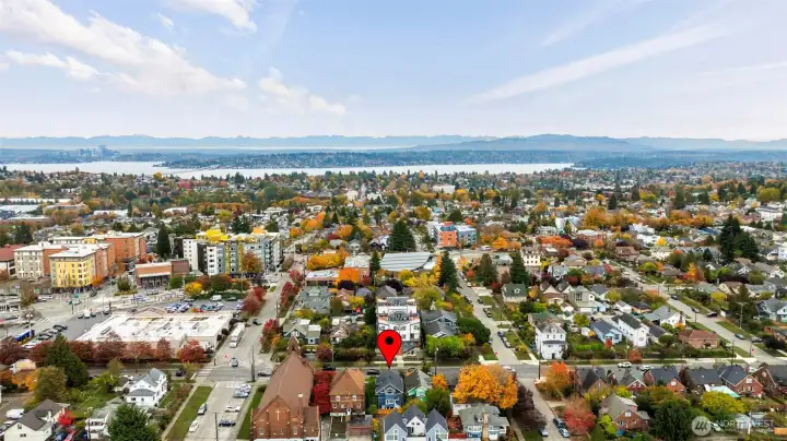 Off to the east is Lake Washington. Grocery story, bakeries, breweries, etc about a block away.