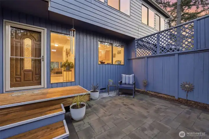 Peaceful, private entry courtyard. Brand new deck and patio.