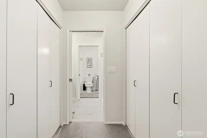 Walk through from loft bedroom. 2 large closets on either side. Plenty of storage.