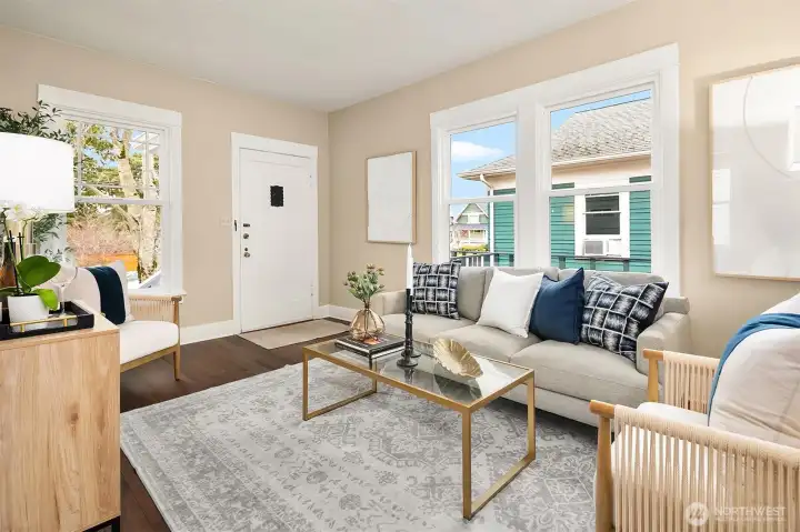 Living room with new hardwood flooring.
