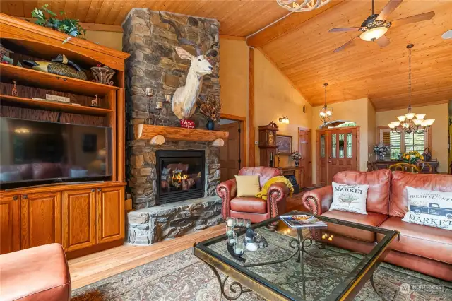 Stone fire place in living room