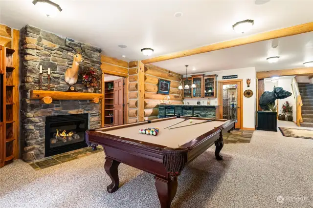 Pool table & stone gas fire place