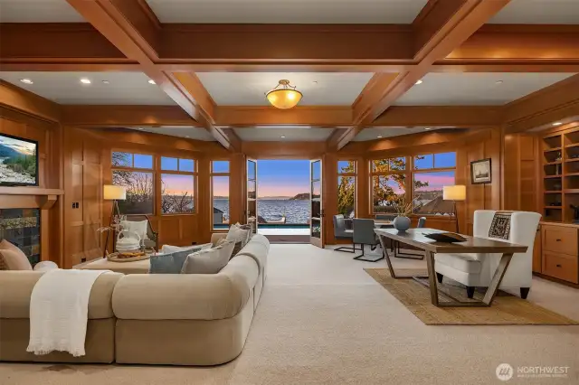 Brilliantly designed lower lake level with huge rec room with office space & built-ins. ~300+ bottle wine cellar just across the hall.