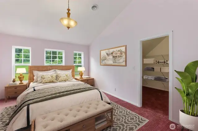 Virtually staged upstairs bedroom #2, with vaulted ceiling & sizeable walk-in closet.