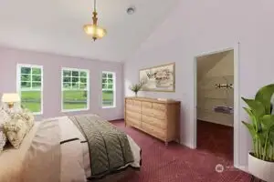 Virtually staged upstairs bedroom #2, with vaulted ceiling & sizeable walk-in closet.