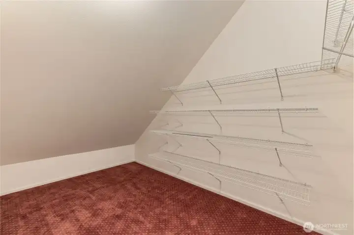 Walk-in closet with with built in shelving and garment hanging space.