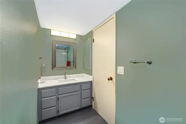 Hall Bathroom  Undermount sink with quartz countertop  Single vanity with decorative mirror and lighting