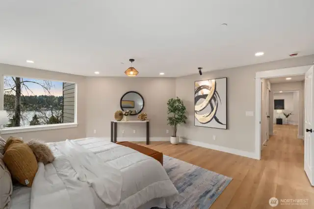 Primary suite downstairs with views of Lake Washington.