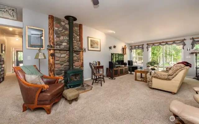 living room with wood stove