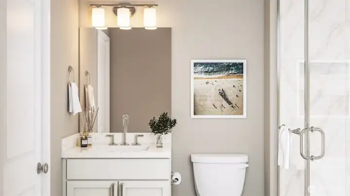 Ensuite Guest bath with walk in shower on lower floor (Facade, Ext Colors, Interior Photos & Floor Plans for illustrative purposes only. Actual Facade, Ext Colors, Interiors & Floor Plans may differ.)