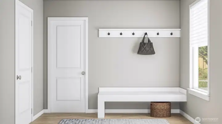 Mud room off of garage with large storage closet (Facade, Ext Colors, Interior Photos & Floor Plans for illustrative purposes only. Actual Facade, Ext Colors, Interiors & Floor Plans may differ.)