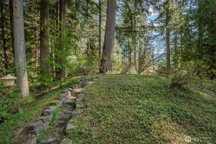Another inviting perspective from the home showcases the expansive lot, complete with a stairway leading to a desirable level area—ideal for a garden retreat, outdoor entertaining space, or future possibilities tailored to your vision.