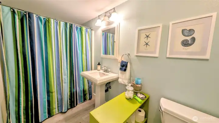 A stylish first-floor bathroom featuring carefully selected designer colors that enhance the space with warmth and sophistication.