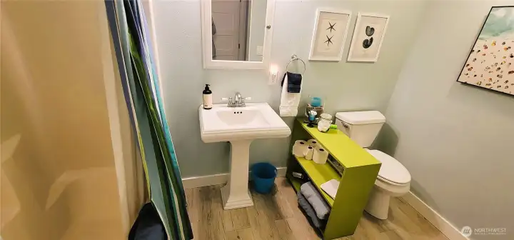 A stylish first-floor bathroom featuring carefully selected designer colors that enhance the space with warmth and sophistication.