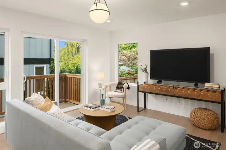 Ground level flex room with closet and adjacent bathroom can double as a 4th bedroom.