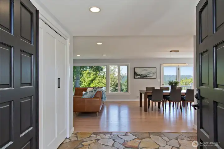 Looking in the front doors across the dining area.