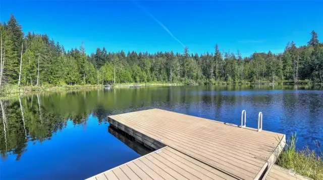 Enjoy your own private dock on this serene lake, perfect for a variety of water activities. Whether you're swimming, fishing, paddle boarding, or taking a relaxing ride with an electric motorboat, this peaceful setting offers endless outdoor enjoyment.