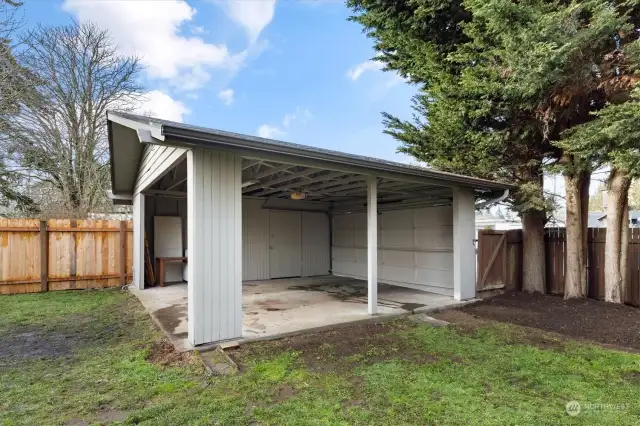 Carport includes storage and off-street parking for 2 cars or a covered patio for entertaining