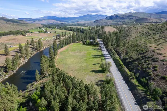 Looking north across your 5 acre Methow riverside paradise