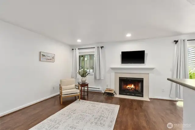 Living area with wood-burning fireplace