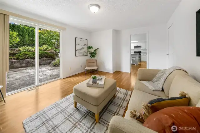 Great room with sliding glass doors to backyard and patio
