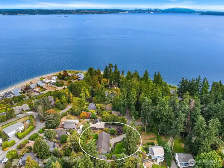 Aerial photo looking toward Seattle. The deeded beach access is at the end of Yeomalt Point