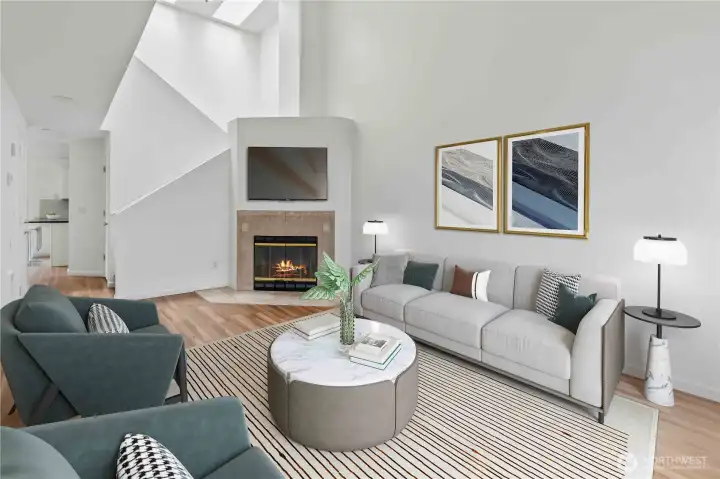 Virtual Staged- Living Room with Vaulted Ceiling