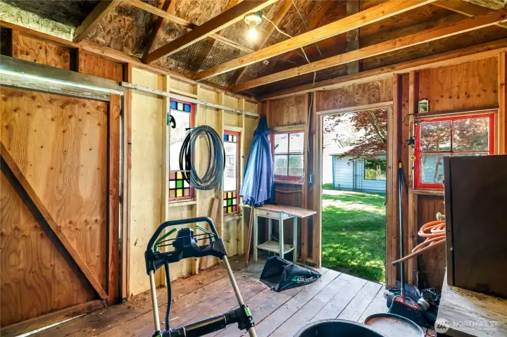 View of inside garden shed.