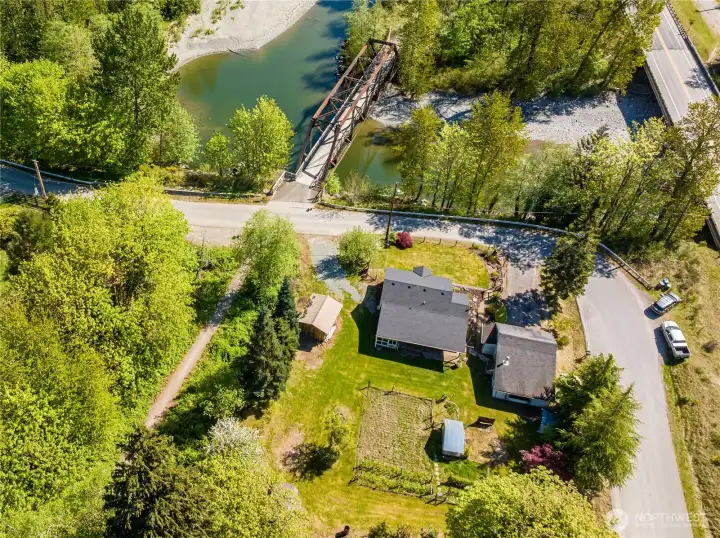 High drone shot showing property.