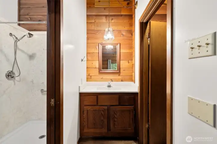 Primary bathroom with update shower