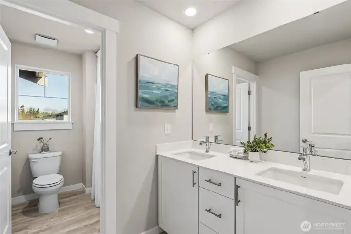 Hall bathroom with views of the mountains. Photo rendering is representational and may be virtually staged. Actual home is under construction and finishes, elevation, and paint colors may vary. See site agent for details.