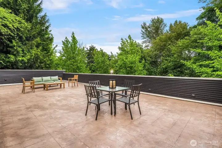 At 1,150 square feet, the rooftop deck is among the most striking features of this home - a true outdoor living room in the treetops.