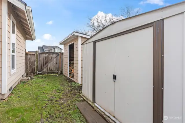 Storage shed and wood shed for wood burning fireplace