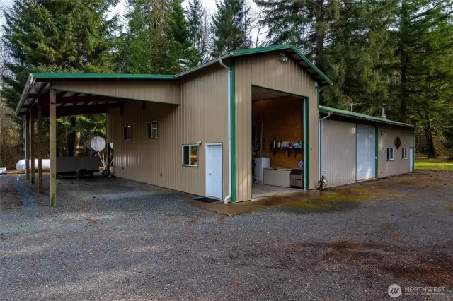 Another view of the shop showing the outdoor covered bay plus the large enclosed RV/boat bay