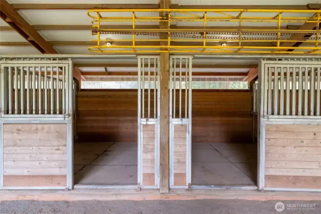 A view of 2 of the stalls. Each stall has a heated water trough.