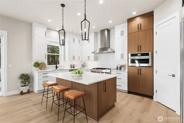 Virtual staging. Thick slab quartz counters and custom lighting.