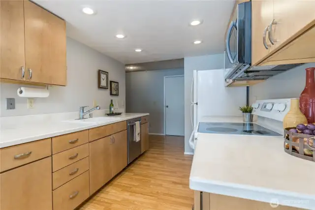 Generous kitchen with solid surface countertops
