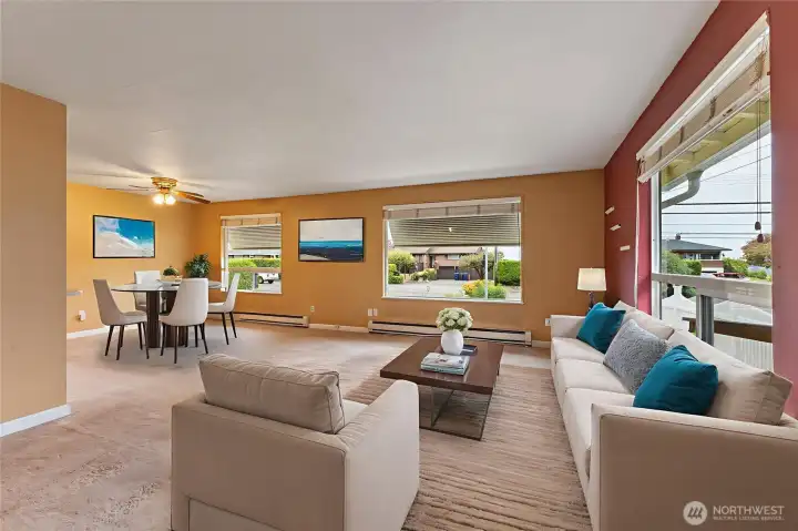 Virtually stages living room dining room combo